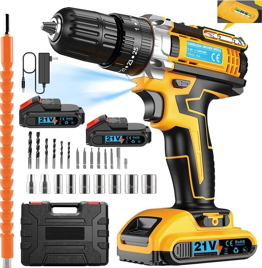 JOEAIS Akku-schroevendraaierset Accuboormachine Slagboor-schroevendraaier Boorschroevendraaier 1200 00 tpm Accuboormachine met werklicht Snellader en waterpas Universele boor 2*21 V batterijen 45 Nm koppel 2 versnellingen Geel