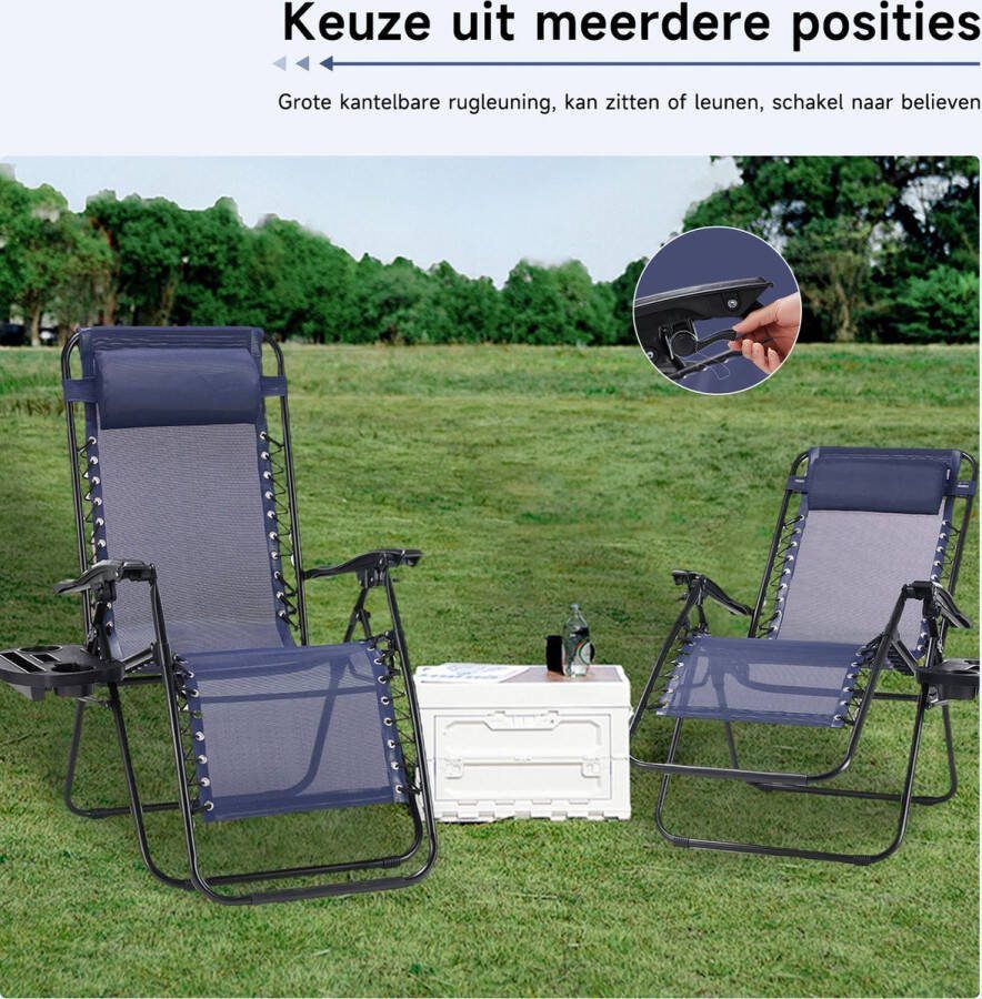 JOEAIS Vouwbare tuinstoel ligstoel tuinstoelen zonnebed campingstoel maximaal 150 kg set van 2 relaxstoelen XL relaxfauteuil verstelbare rugleuning zwart inclusief dienblad met bekerhouders