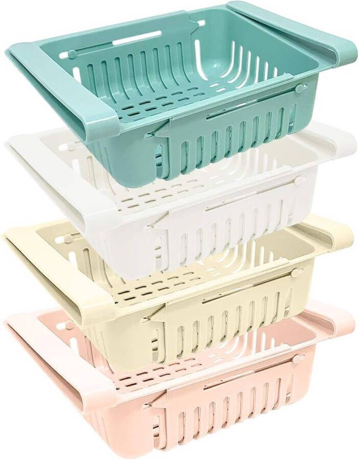 Joeji's Kitchen koelkast organizer vershoudbakjes Set van opbergdozen voor koelkast (4 stuks) Opbergbox voor keuken en koelkast Stapelbaar 4 kleuren (Blauw wit roze en beige)