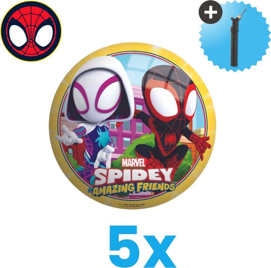 John Toys Spiderman en Friends Lichtgewicht Speelgoed Bal Kinderbal 23 cm Volumebundel 5 stuks Inclusief Balpomp