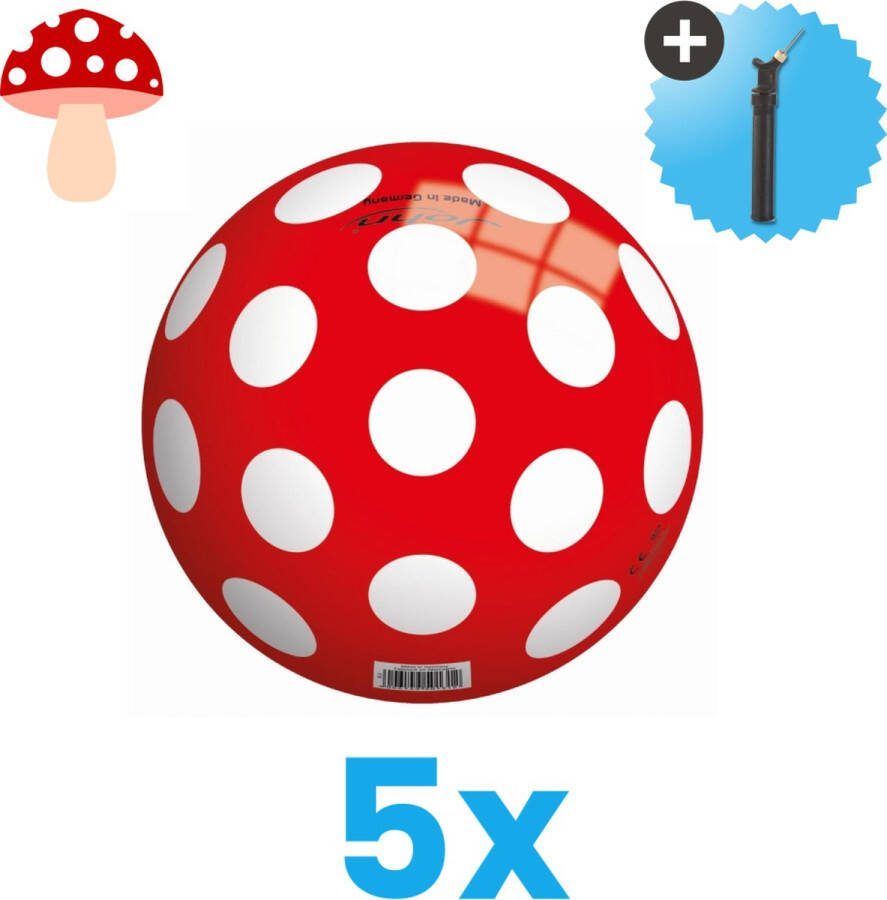John Toys Rood met witte stippen Lichtgewicht Speelgoed Bal Kinderbal 23 cm Volumebundel 5 stuks Inclusief Balpomp