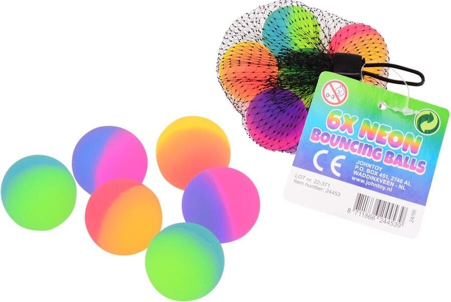 Johntoy John Toy 2-kleurige neon stuiterballen 6 stuks in net