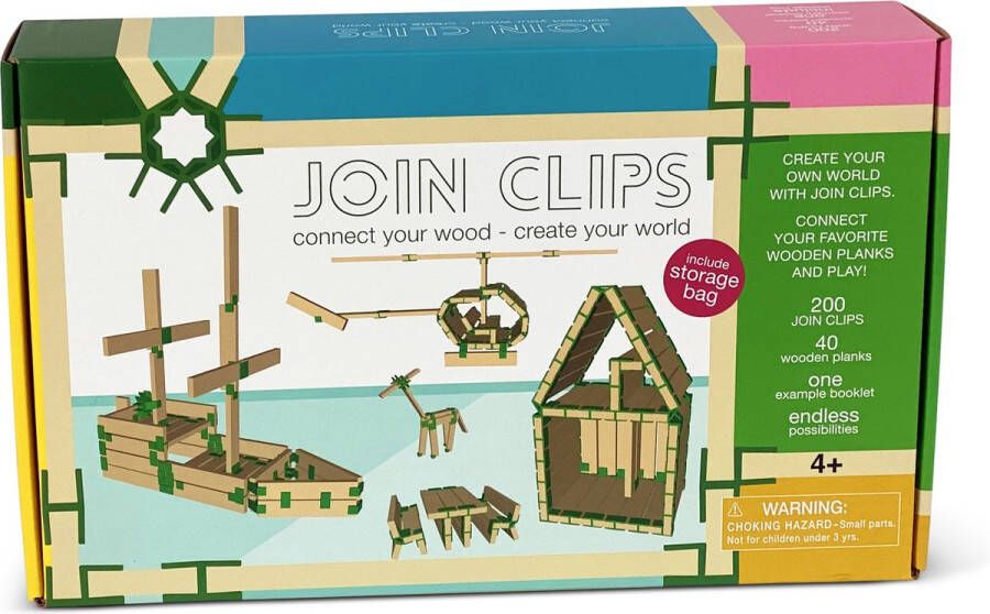 JOIN CLIPS : BASIS SET STARTER THUIS EDITIE 200 clips 40 houten bouwplankjes bouwboekje met extra speel-opbergkleed
