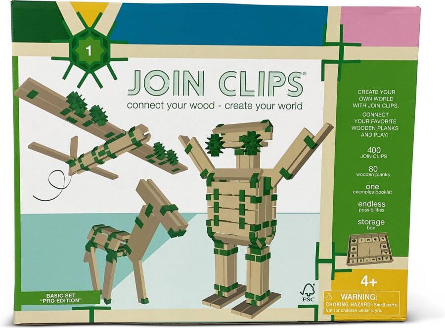 JOIN CLIPS : BASIS SET PRO STARTER EDITIE 400 clips 80 houten bouwplankjes opbergkist educatief en leerzaam