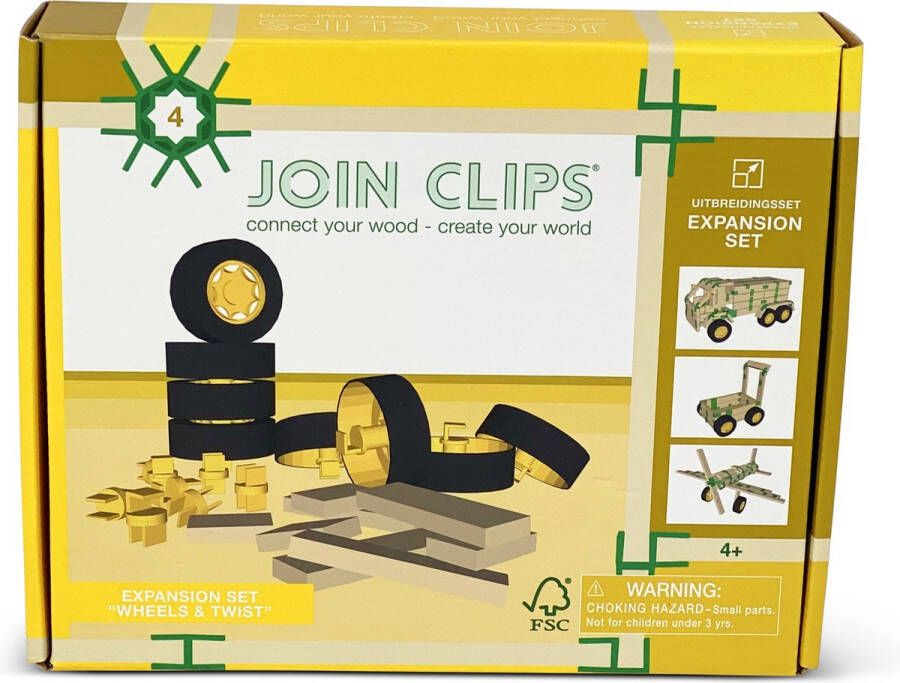 JOIN CLIPS : Uitbreidingsset WIELEN EN DRAAICLIPS- voertuigen molens bouwen met houten bouwplankjes