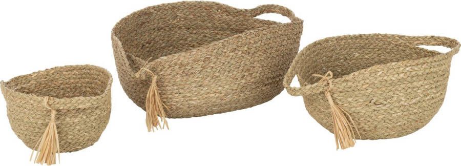 Jolipa J-line Set Van 3 Mand Rond Met Handvat+ Kwast Gras Naturel 33x40x17cm