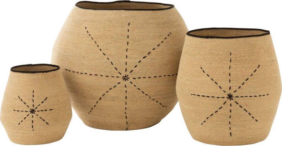 Jolipa J-line Set Van 3 Mand Ster Stippellijnen Zeegras Naturel zwart 68x68x57cm