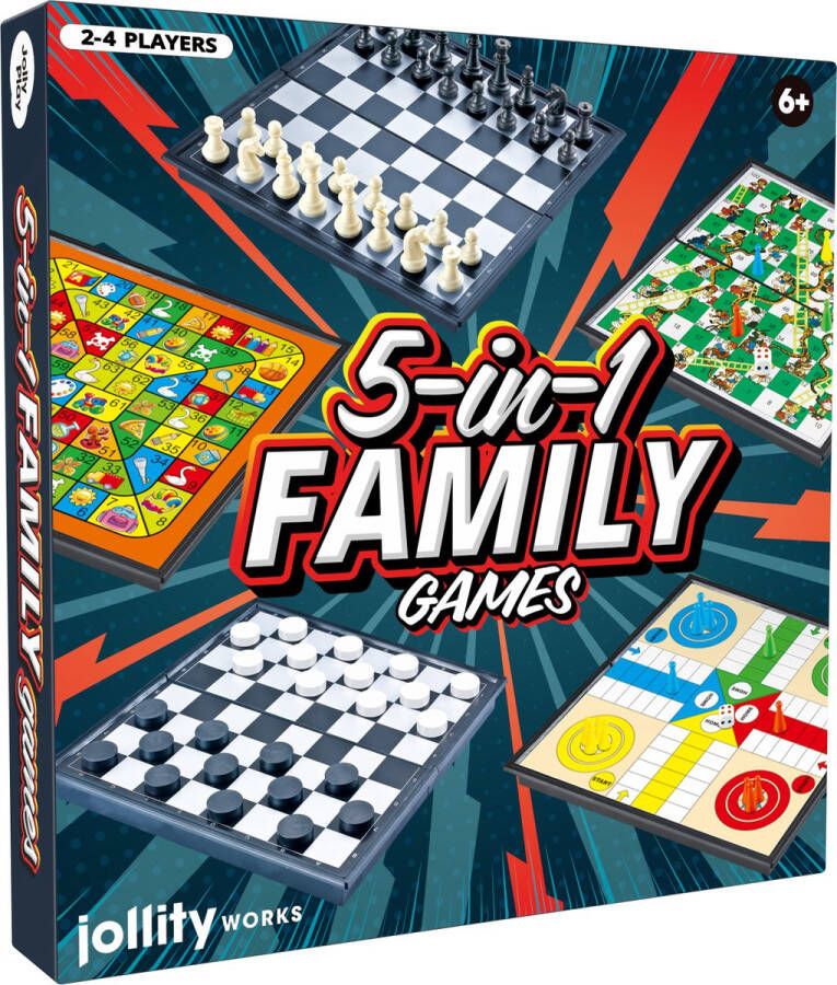 Jollity Works 5-in-1 Family Games Ganzenbord Dammen Schaken Slangen en Ladders Mens erger je niet