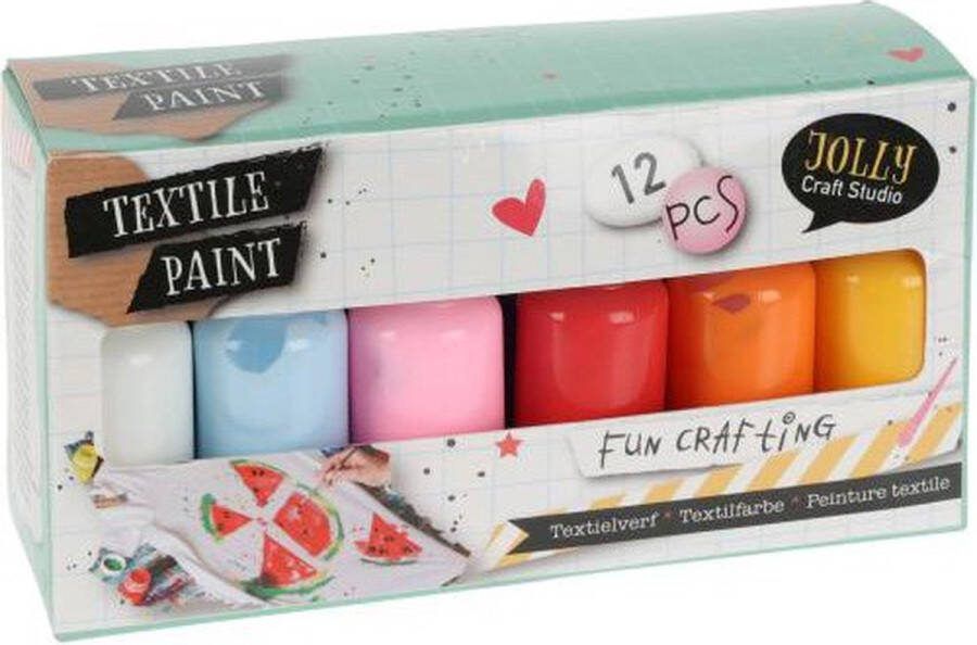 JOLLY Craft Studio Textielverf Mega Pack 12 kleuren Textielverfset voor Kinderen en Volwassenen Knutselen Shirts Verven