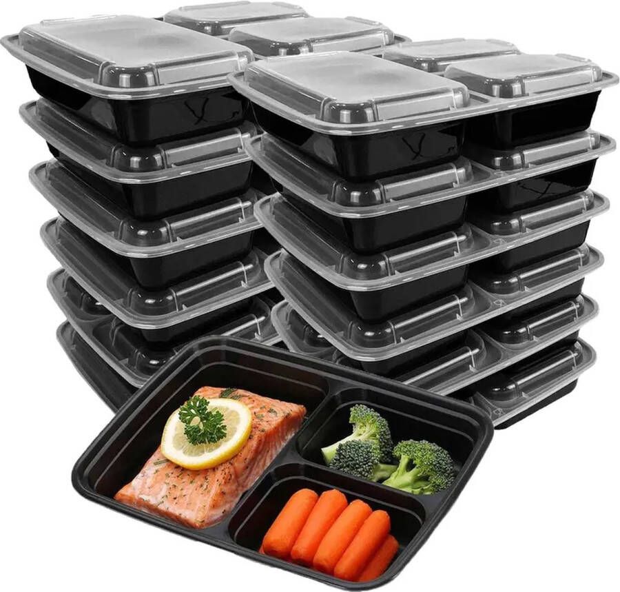 Joosten Enterprises Meal Prep Bakjes 15 stuks 3 compartimenten Lunchbox Diepvriesbakjes Vershoudbakjes Plastic Bakjes Met Deksel Magnetron Bakjes Met Deksel Meal Prep Vershouddoos BPA vrij