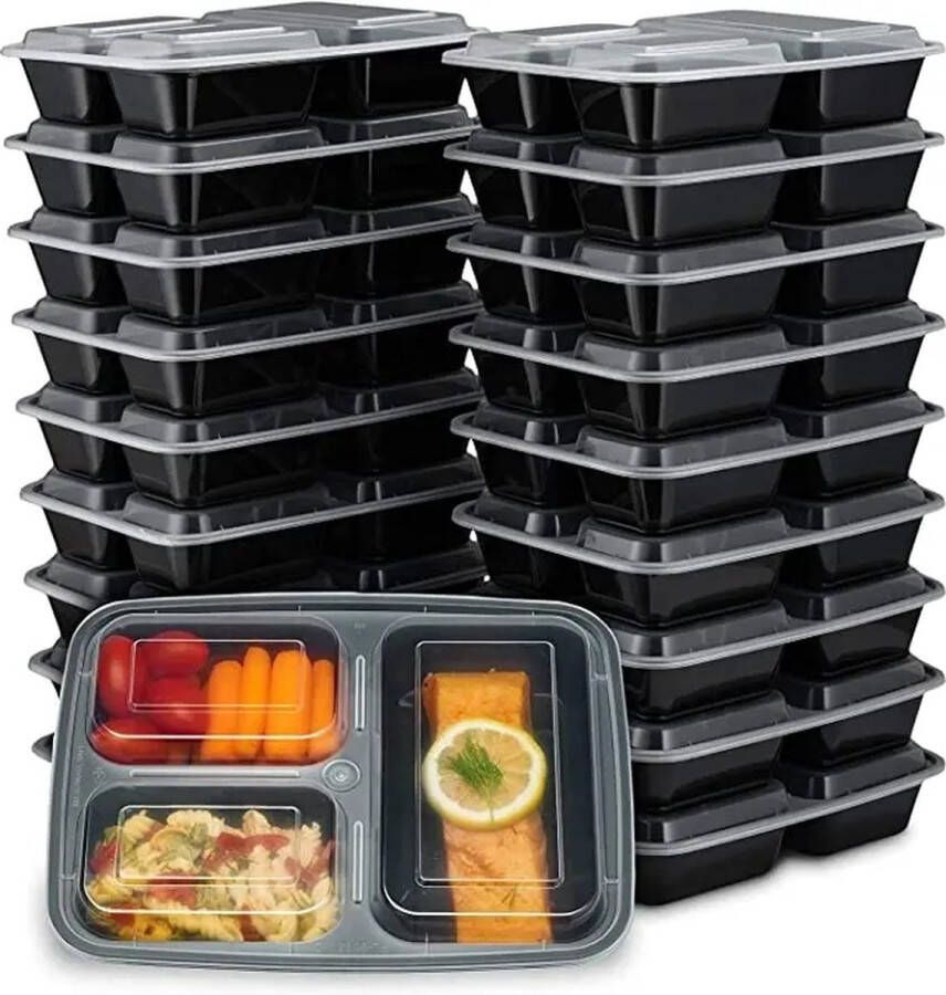 Joosten Enterprises Meal Prep Bakjes 20 stuks 3 compartimenten Lunchbox Diepvriesbakjes Vershoudbakjes Plastic Bakjes Met Deksel Magnetron Bakjes Met Deksel Meal Prep Vershouddoos BPA vrij