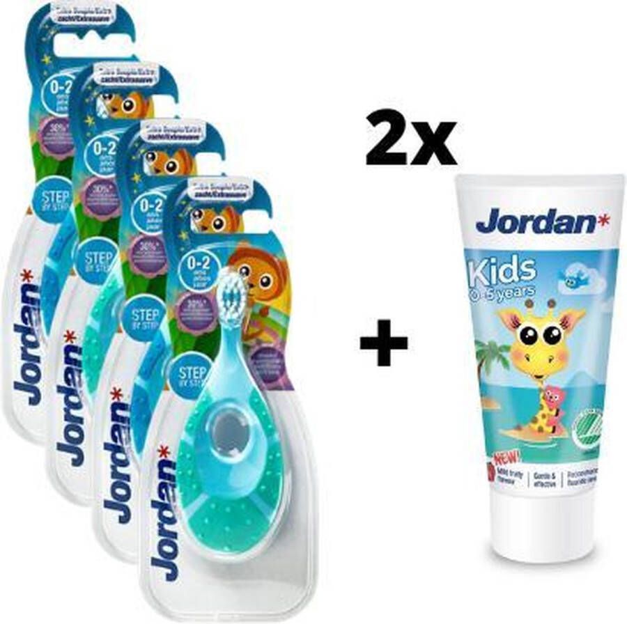 Jordan Step By Step 1 4x Tandenborstel (0-2 jaar) Kleur Blauw Groen met 2x Tandpasta 0-5 jaar