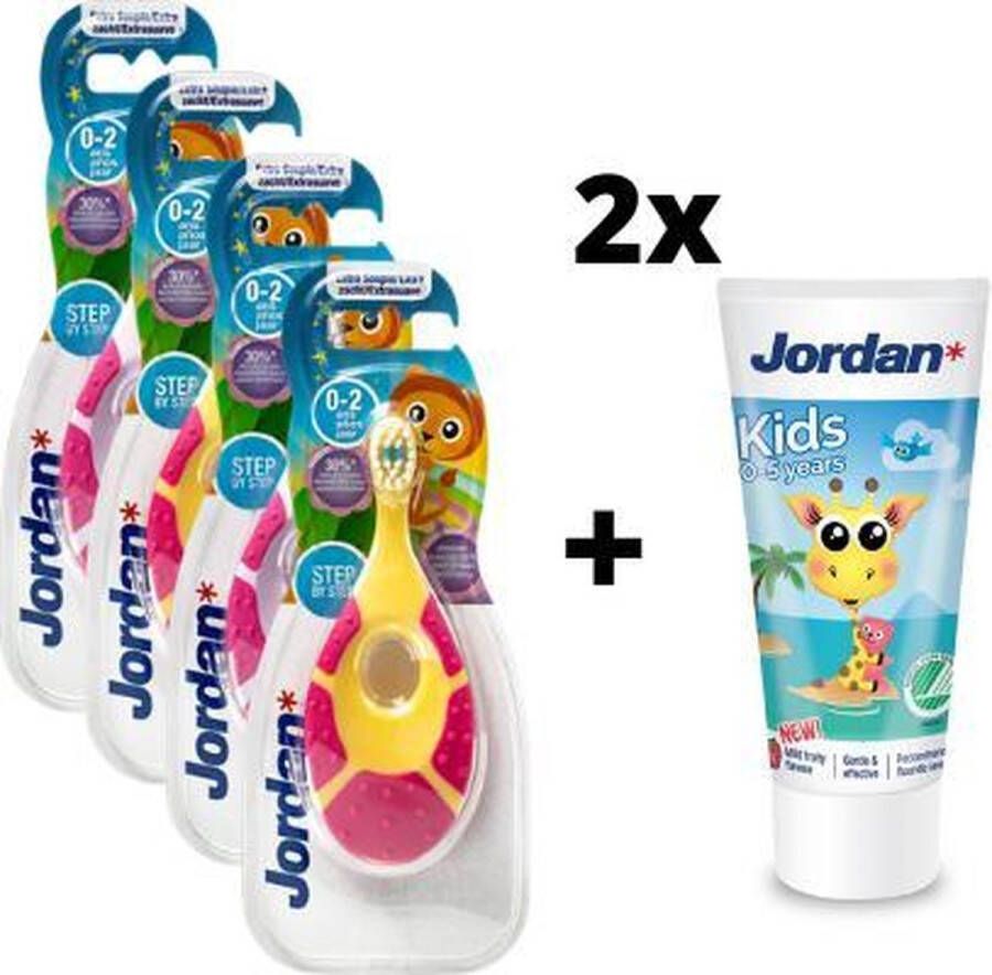Jordan Step By Step 1 4x Tandenborstel (0-2 jaar) Kleur Roze Geel met 2x Tandpasta 0-5 jaar