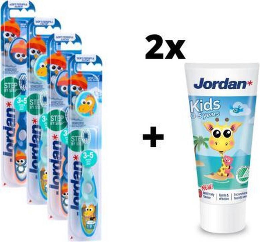 Jordan Step By Step 2 4x Tandenborstel (3-5 jaar) Kleur Blauw Groen met 2x Tandpasta 0-5 jaar