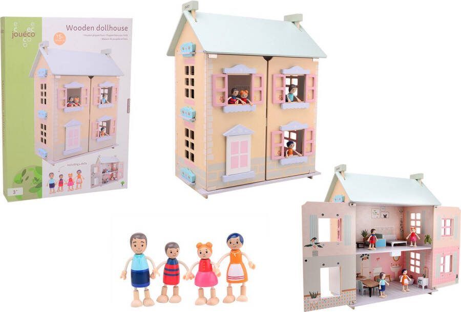 Jouéco Houten poppenhuis met 15 meubels en 4 poppen