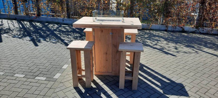 Jouw-vuurtafel.com Vuurtafel Sta tafel set Celebration van Douglas hout 80x120cm 5 delige set Kruk easy