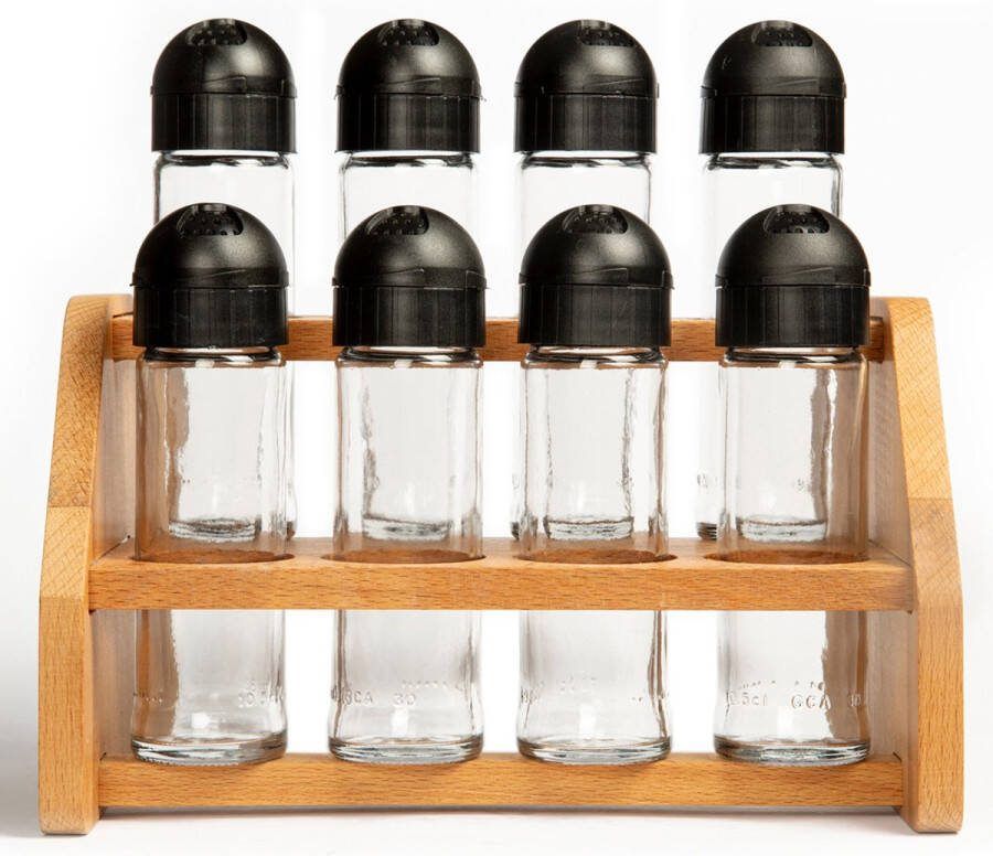 Joy Kitchen kruidenrek staand houten trap model met 8 glazen kruidenpotjes kruidenrekje opbergrek kruidenstrooier kruidenrek met potjes aanrechtbakje aanrecht organizer opbergbox Bruin