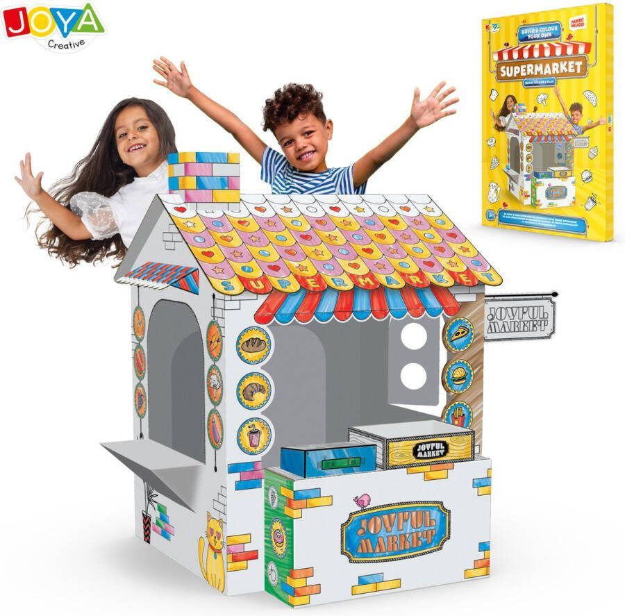 JOYA CREATIVE Bouw je eigen Supermarkt Knutselpakket Bouwen Kleuren & Spelen Levensgrote Supermarkt Inclusief 6 Markers Speelgoed voor kinderen 3 jaar Winkeltje Karton Duurzaam Supermarkt Speelgoed