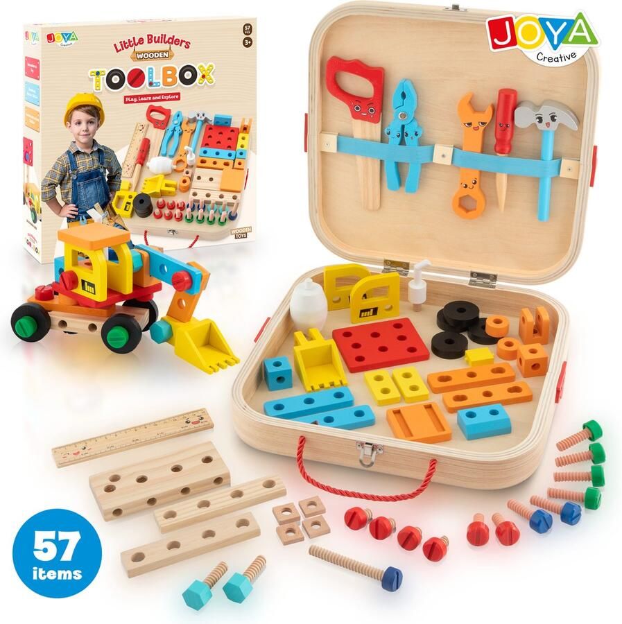 JOYA CREATIVE Houten Gereedschapskist Speelgoed 57pcs Bouwen en Constructie Speelgoed werkbank speelgoed gereedschapskoffer kinderen