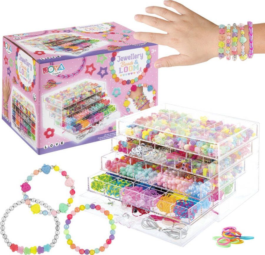JOYA CREATIVE Mega 3000+ Sieradendoos voor Meisjes Kralen set met Letterkralen Pastel Kleuren Smiley Beads en Parels Inclusief Loombandjes Armbandjes en Kettingen Maken Stevige Opbergdoos met 5 Lades