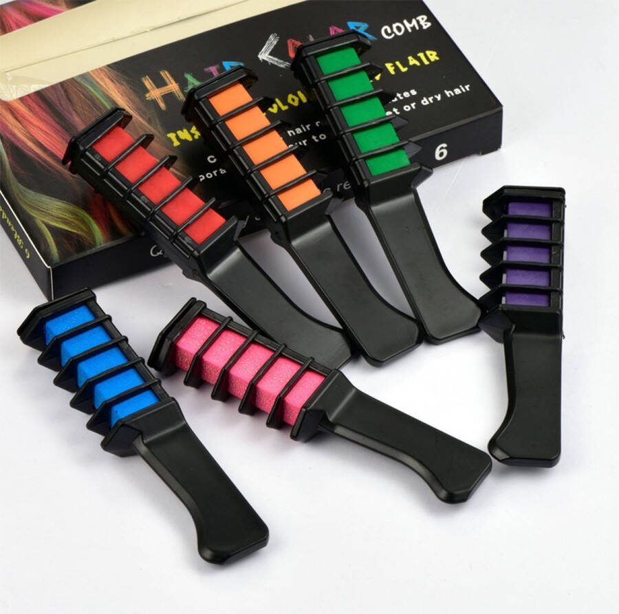 JOYAKIDS Joya Kids Haarkrijt voor Kinderen Haarmascara Hair chalk Haar krijt kam Haarstift Haarverf Geschikt voor Kinderfeestjes Set van 6 kammen in Paars Groen Blauw Roze Oranje & Rood