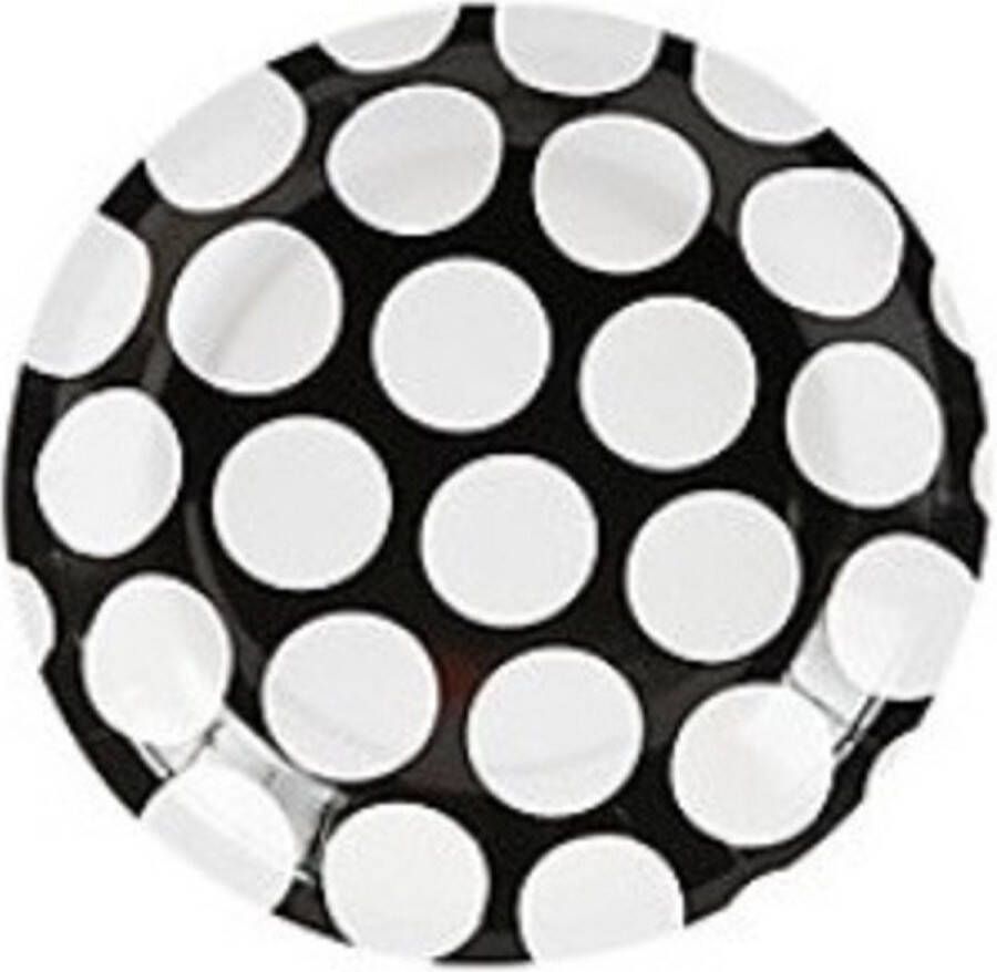 Joyenco Kartonnen bordjes zwart met witte stippen 8 stuks 17 cm rond gebaksbordjes dessertborden