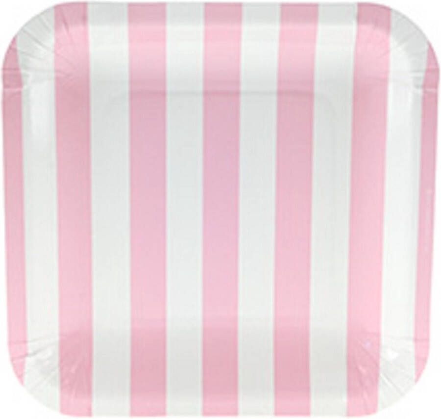 Joyenco Papieren bordjes roze gestreept lichtroze 12 stuks vierkant gebaksbord dessertbord
