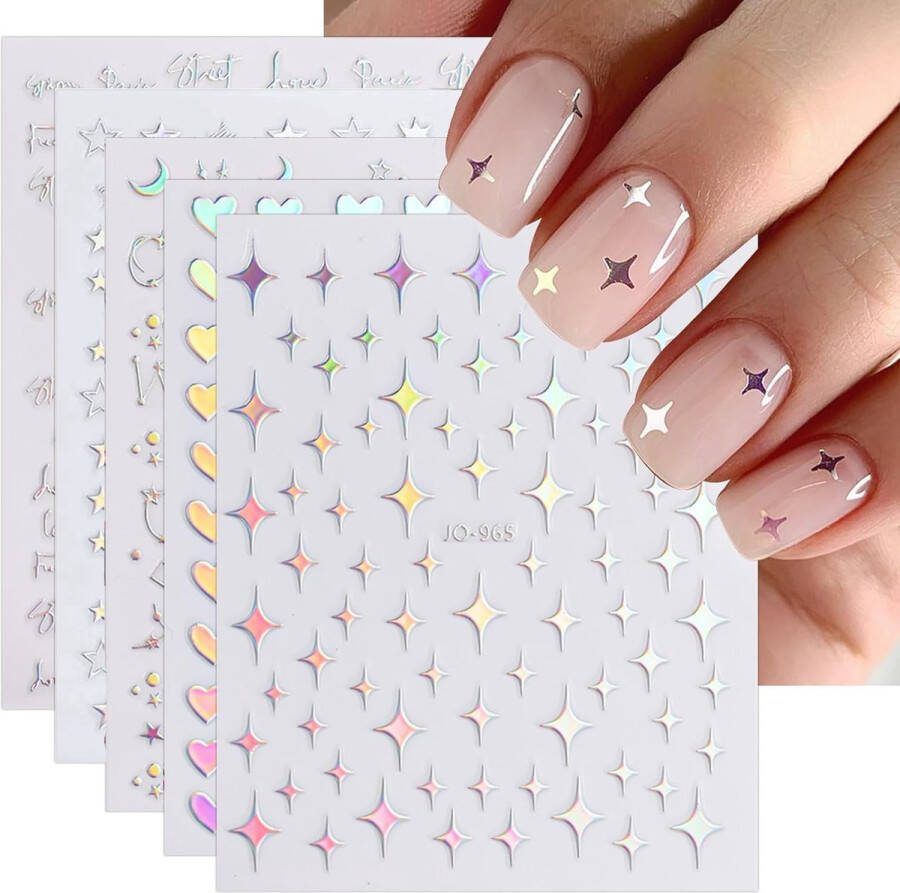 Joyful nail 6 vellen nagel stickers Grijs met holografish kleur Nagelstickers ster hart smiley roos Nagel decoratie Zelfklevende nagelstickers Holographic stickers Nail art set tools