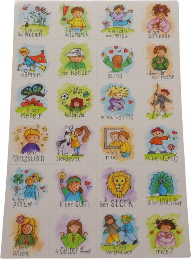 Joyinmyheart Joy in my Heart Complimentenstickers Affirmatiestickers met illustraties jezelf liefhebben zelfvertrouwen voor kinderen en volwassenen Stickervel 24 stuks van 30 mm