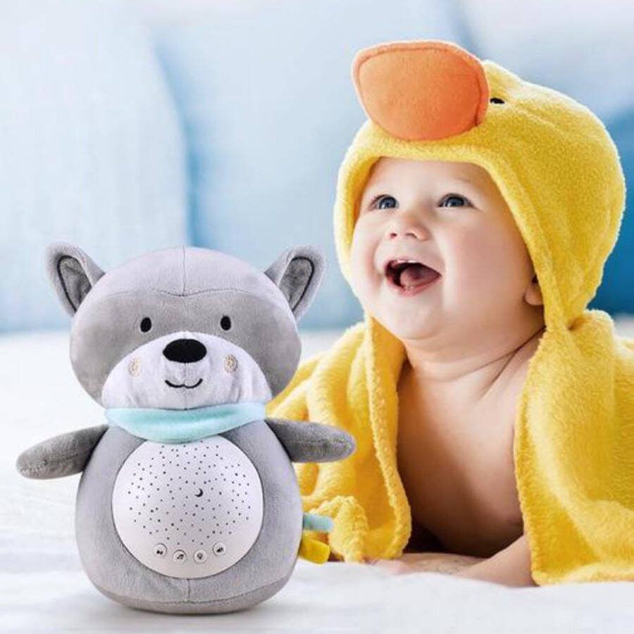 Joymaxx Sterrenprojector met Muziek White Noise Machine Knuffel-Sterrenhemel- Baby projector Nachtlamp Wasbeer Momo