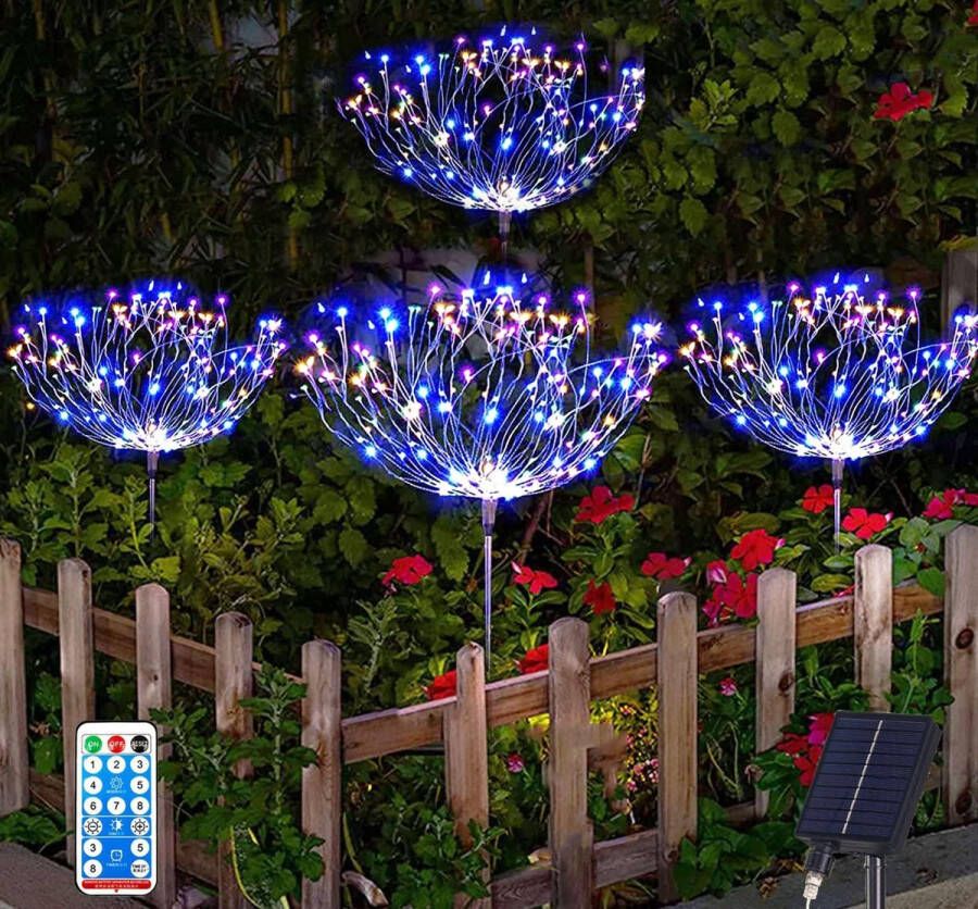 Joysing Tuindecoratie Solar garden lights voor buitengebruik 4 x 120 LEDs Solar fireworks lights met afstandsbediening 8 Modi Waterdichte solar lights voor tuin gazon patio (multicolor)