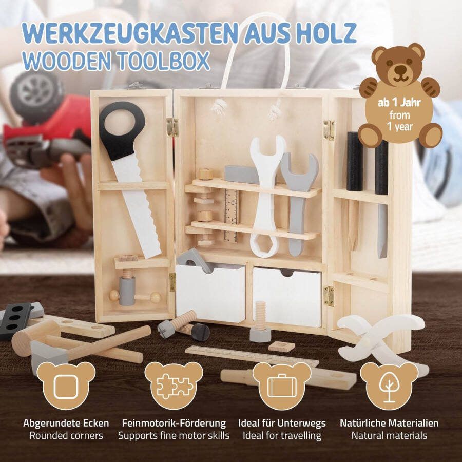 Joyz Gereedschapskist voor kinderen vanaf 1 jaar 21x30x8 cm blank hout