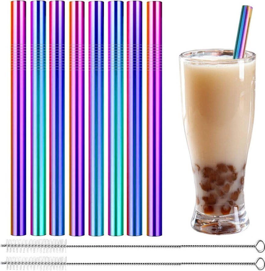 JOYZYAIYY Bubble Tea rietjes Set van 8 stuks Blauw metallic Herbruikbare dikke rietjes Met 2 reinigingsborstels 21 x 1.2 cm 8-delige set voor bubble tea Herbruikbaar Hoogwaardige kwaliteit Boba tea slush Milkshake Smoothie Grote rietjes