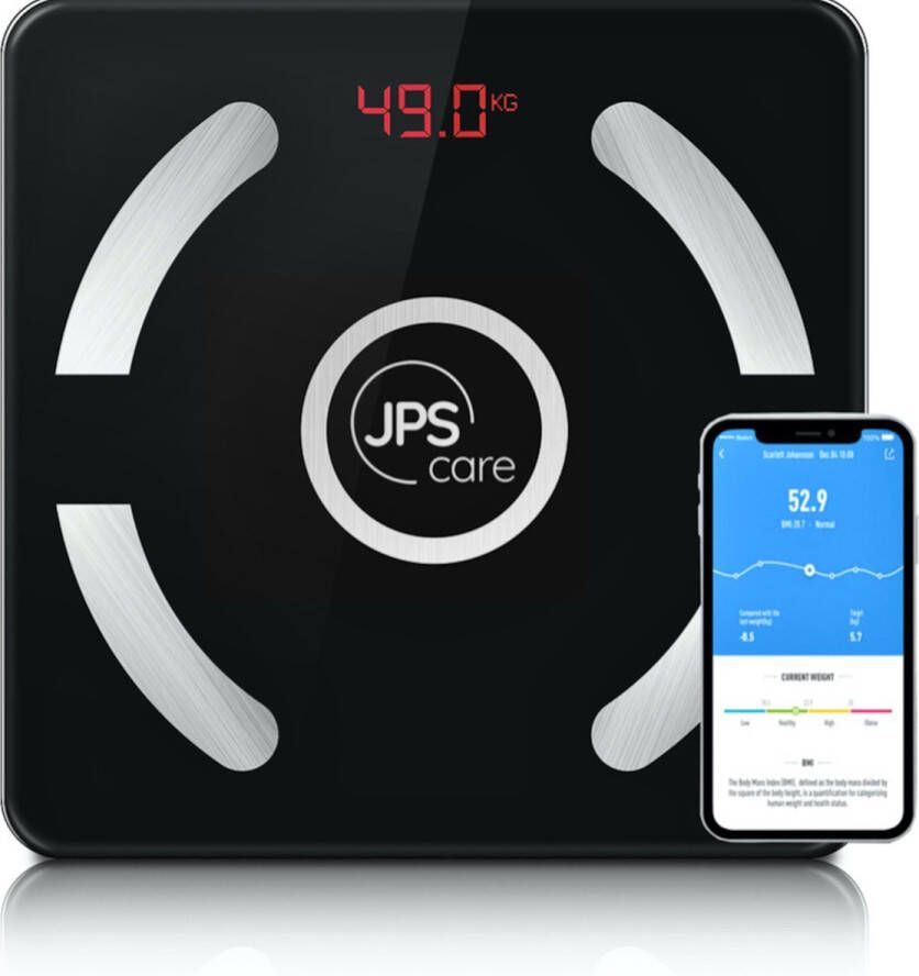 JPS Care Personenweegschaal Smart Weegschaal Met 12 Lichaamsanalyse & Vetpercentage Metingen Digitaal Bluetooth Met App Oplaadbaar Met 6 Maanden Batterij Zwart