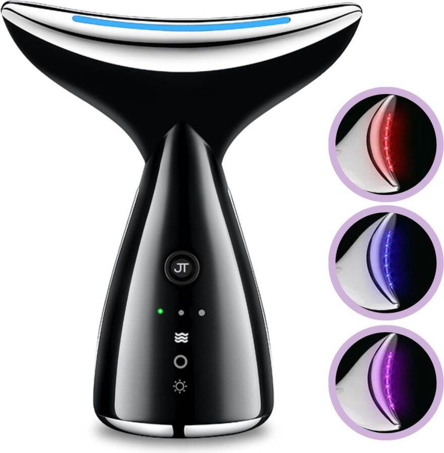 JT Beauty Care Facelift Apparaat Zwart – 3 LED Kleuren – Huidverzorging – EMS Microcurrent – Gezichtsverzorging – Anti Rimpel Huidverjonging – Nekmassage Face Lift – Lichttherapie USB Oplaadbaar – Vermindert Acne Rimpels Lijnen Vermoeidheid