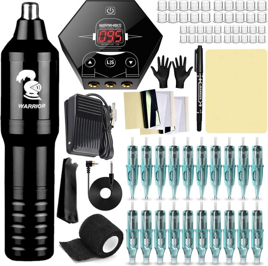 JT Products JT s Professionele Tattoo Machine Set – 170 Delige Tattoo Kit – Incl. Power Supply – Tattoo Pen – Tatoeage Naalden Cartridges 3RL 5RL 5RM 7RM – Oefenhuid – Grip Tape – Tattoo Machines – Transferpapier – Marker Voor Beginner & Professional