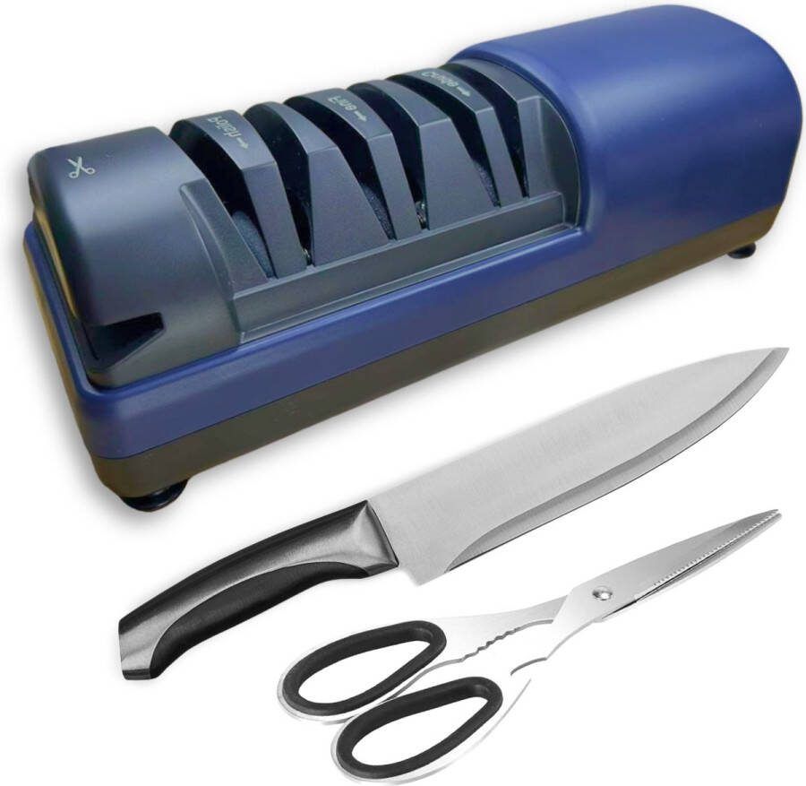 JT Products JT s Elektrische Messenslijper Donkerblauw Electrische Messen Slijper Scharenslijper Knife Sharpener Doortrekslijper Aanzetstaal Slijpsteen 3 Verschillende Fases Voor Professionele en Thuiskoks