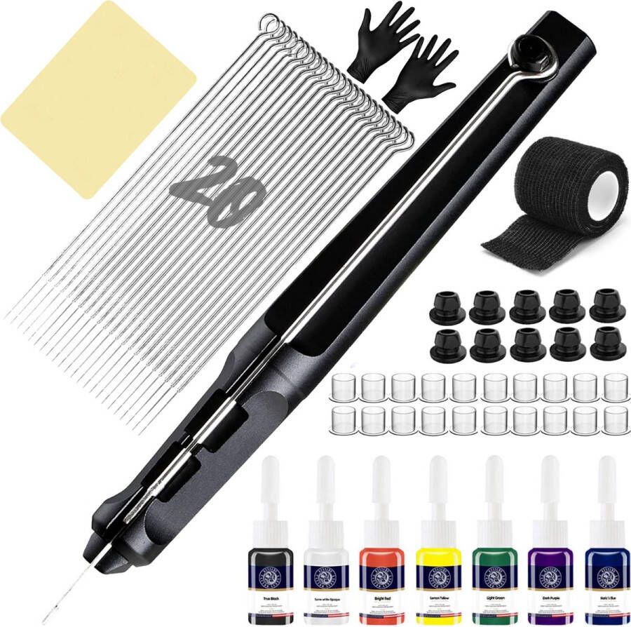 JT Products JT s Professionele Stick And Poke Tattoo Set Inclusief 7 Kleuren Inkt – 62 Delige Tattoo Kit 20 Tattoo Naalden 3RL 5RL 7RL 9RL – Oefenhuid Tatoeage Pen – Grip Tape – Wegwerp Handschoenen – Naald Grommets Tattoo Machine DIY Handpoke