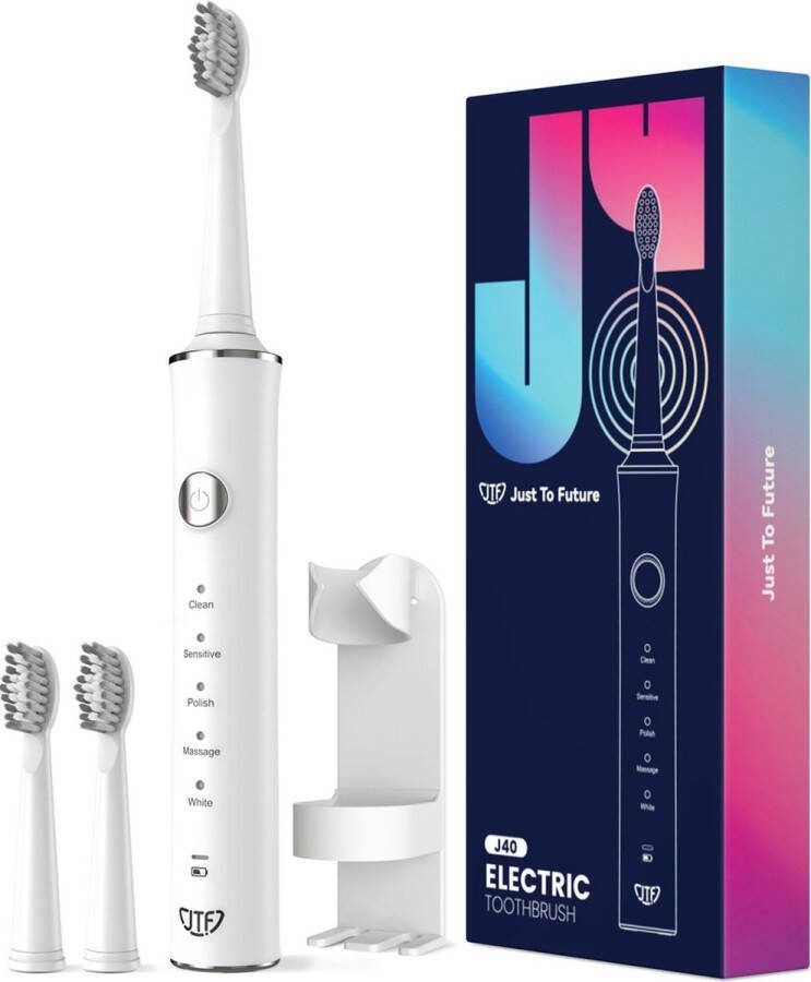 JTF Sonic J40 elektrische tandenborstel Wit Inclusief 3 opzetborstels USB-C oplaadbaar Ingebouwde 2 minuten smart timer 5 poetsstanden Incl. houder