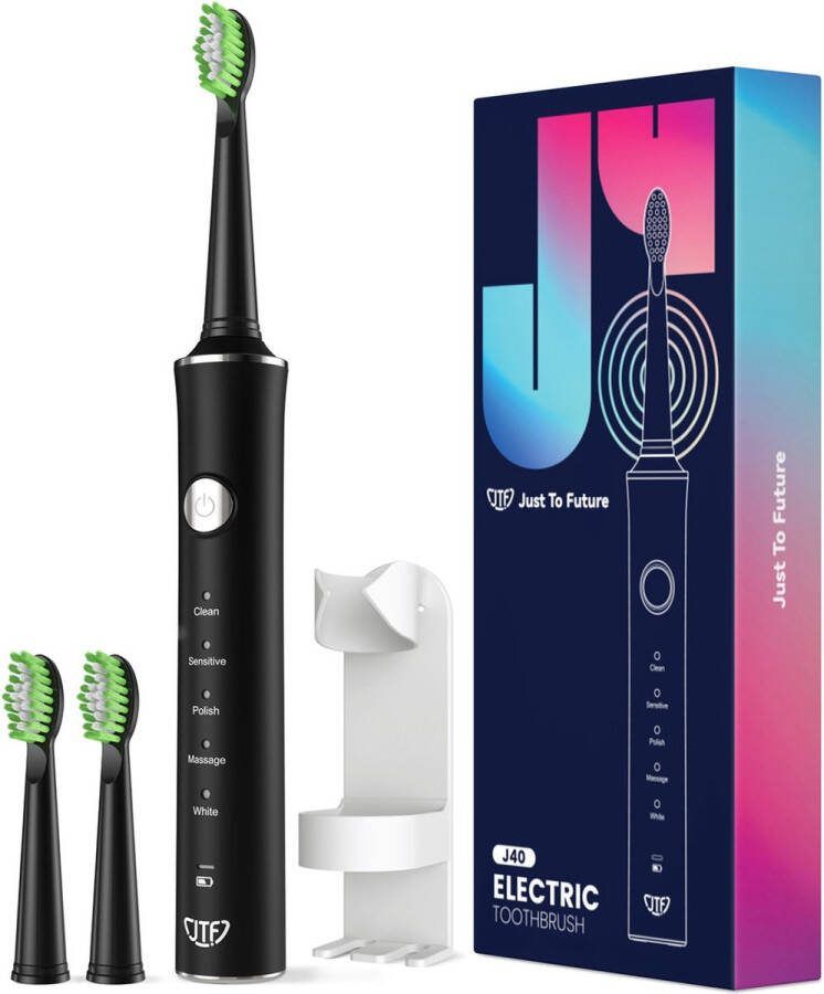 JTF Sonic J40 elektrische tandenborstel Zwart Inclusief 3 opzetborstels USB-C oplaadbaar Ingebouwde 2 minuten smart timer 5 poetsstanden Incl. houder