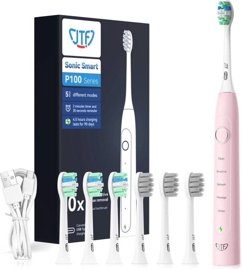 JTF Sonic P100 elektrische tandenborstel Inclusief 6 opzetborstels USB-C oplaadbaar Ingebouwde 2 minuten smart timer 5 poetsstanden Roze