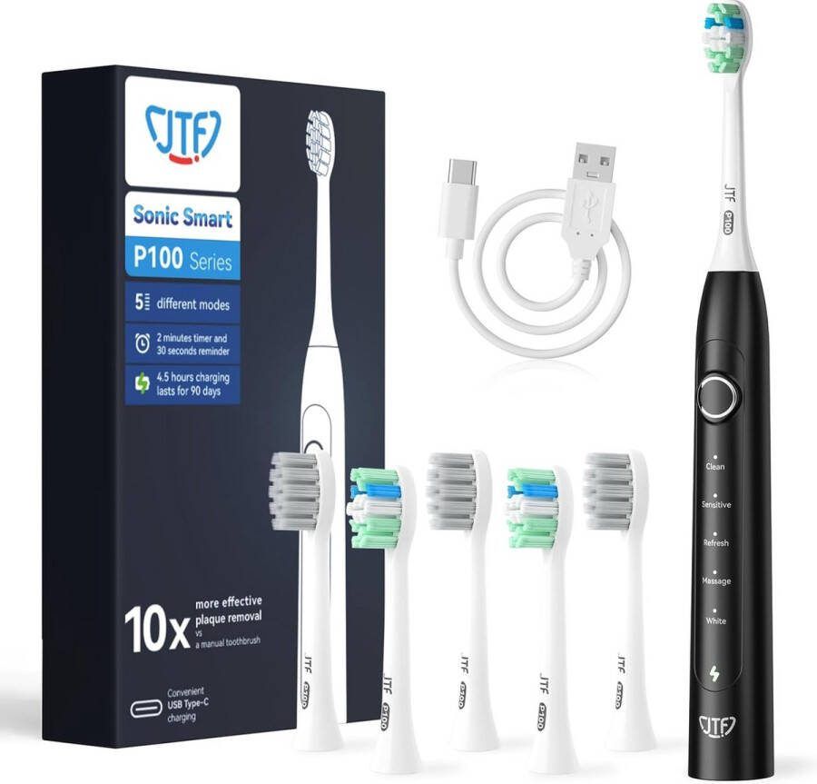 JTF Sonic P100 elektrische tandenborstel Zwart Inclusief 6 opzetborstels USB-C oplaadbaar Ingebouwde 2 minuten smart timer 5 poetsstanden Elektrische tandenborstels