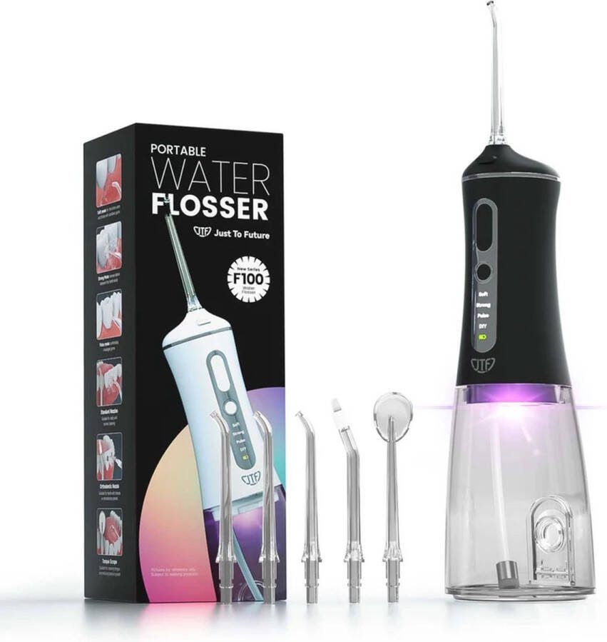 JTF UV Function F100 Water flosser Zwart- Waterflosser draadloos 5 opzetstukken Monddouche