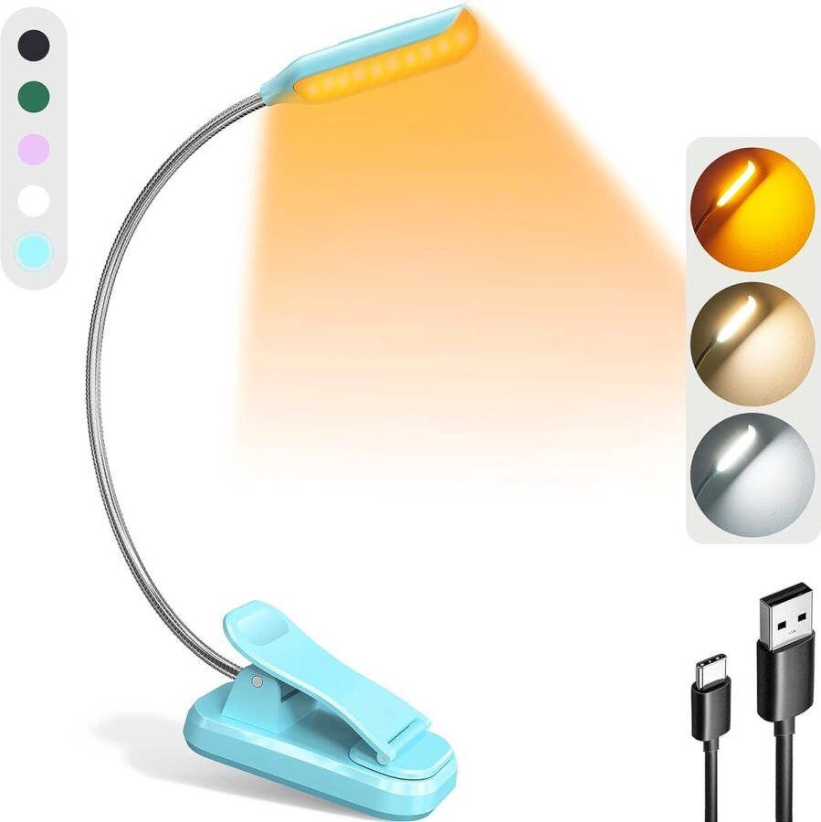 JUALL LED Leeslampje voor Boek Boeklamp Oplaadbaar met Klem Bed Leeslamp Boeklampje Blauw