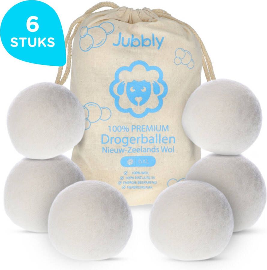 Jubbly – Drogerballen XL – 6 Stuks – Droogballen voor de wasdroger – Ballen van 100% Nieuw-Zeelands Schapenwol – Schapen wol – Dryerballs – Droogtrommel – Herbruikbare Wasbol – Wasballen – Energie besparend – Herbruikbaar – Wasdrogerballen Wit