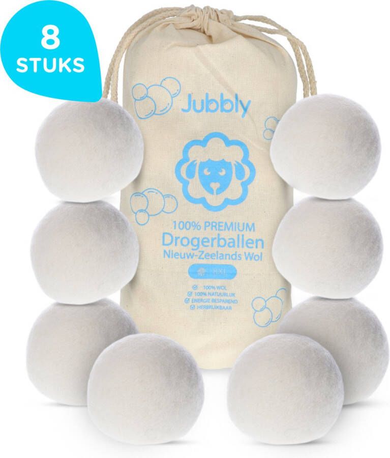 Jubbly – Drogerballen XL – 8 Stuks – Droogballen voor de wasdroger – Ballen van 100% Nieuw-Zeelands Schapenwol – Schapen wol – Dryerballs – Droogtrommel – Herbruikbare Wasbol – Wasballen – Energie besparend – Herbruikbaar – Wasdrogerballen Wit