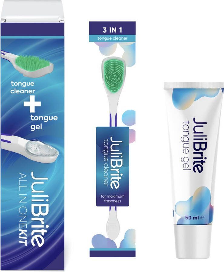 JuliBrite Tong Gel (50ML) & Tongschraper Reinigt Witte Tong Aanslag Tegen Slechte Adem Met Zink & CPC Tongreiniger Set Halitose & Beslagen Tong
