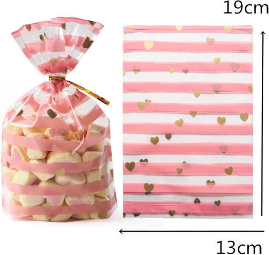 Jumada 's 50x Transparante Zakjes Roze Gestreept Uitdeelzakjes met Sluitstrips Hartvormige Uitdeelzakjes voor Snoep Uitdeelzakjes voor een Kinderfeest Roze Zakjes met Gouden Hartjes