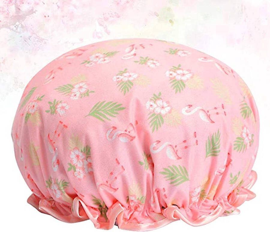 Jumada 's Douchemuts voor Vrouwen: DubbelLaags Waterdicht Bedekt Haar Pink Flamingo & Flower Badkameraccessoires Badkapsel bescherming
