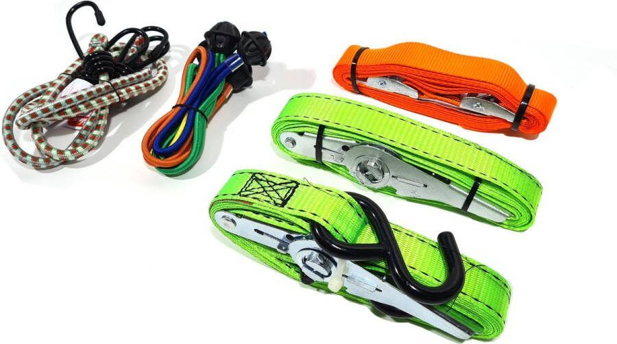 JUMBO fluo groen spanbanden set 10pack met extra snelbinders en ball bungees